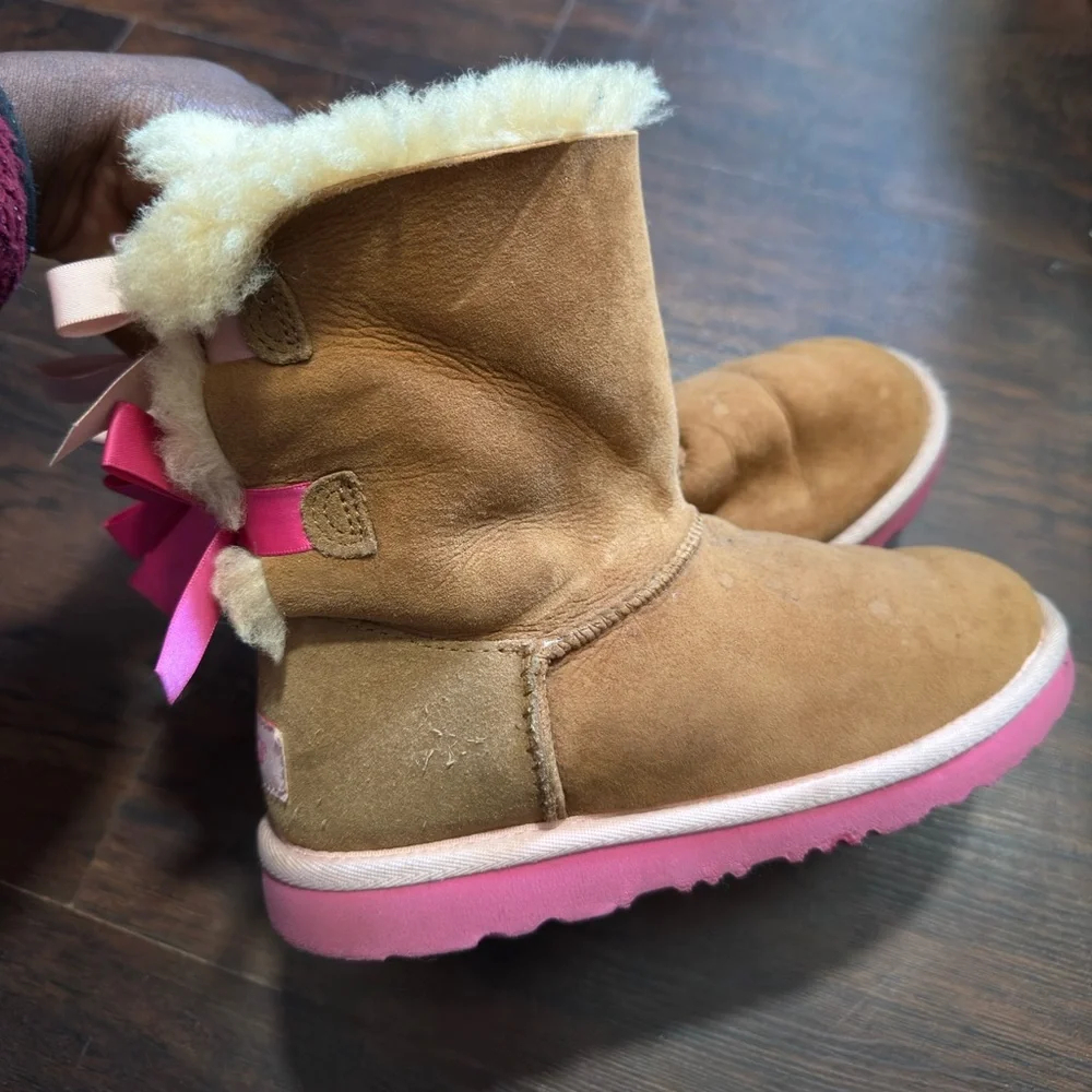 UGG Kids Tan and Pink Bailey Bow Boots